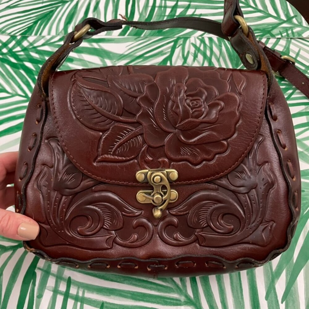 Patricia Nash Lucia Brown Tooled Leather Rose Design Crossbody Bag - Picture 10 of 10